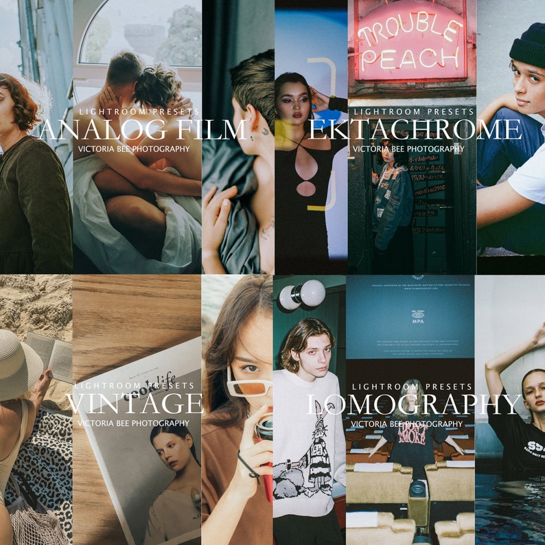 May include: A collage of nine images showcasing Lightroom presets for photographers. The presets are named "Analog Film", "Ektachrome", "Vintage", and "Lomography". Each image features a different model and setting, highlighting the unique effects of each preset.