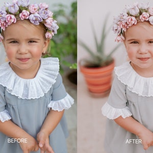 May include: A young girl wearing a light blue dress with a white lace collar and sleeves. She is wearing a flower crown with pink and purple flowers. The girl is smiling and looking at the camera.