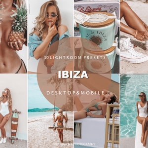 May include: A set of 10 Lightroom presets for desktop and mobile devices, designed to give photos a warm, summery, and vibrant look. The presets are inspired by the island of Ibiza, Spain. The image shows a variety of photos that have been edited with the presets, including photos of people, beaches, and sunsets.