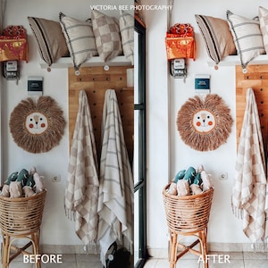 May include: A before and after photo of a room with a woven lion head wall hanging, two striped blankets, a wicker basket with green cactus toys, and a white shelf with pillows. The photo on the right shows the room after editing, with warmer tones and more vibrant colors.