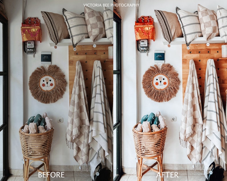 May include: A before and after photo of a room with a woven lion head wall hanging, two striped blankets, a wicker basket with green cactus toys, and a white shelf with pillows. The photo on the right shows the room after editing, with warmer tones and more vibrant colors.