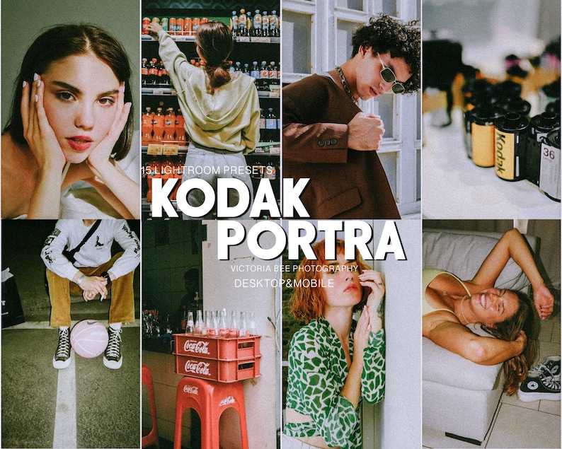 May include: A collage of images featuring a variety of people and objects. The images are all in a vintage style and feature a warm color palette. The text "15 Lightroom Presets Kodak Portra Victoria Bee Photography Desktop & Mobile" is displayed in the center of the collage.
