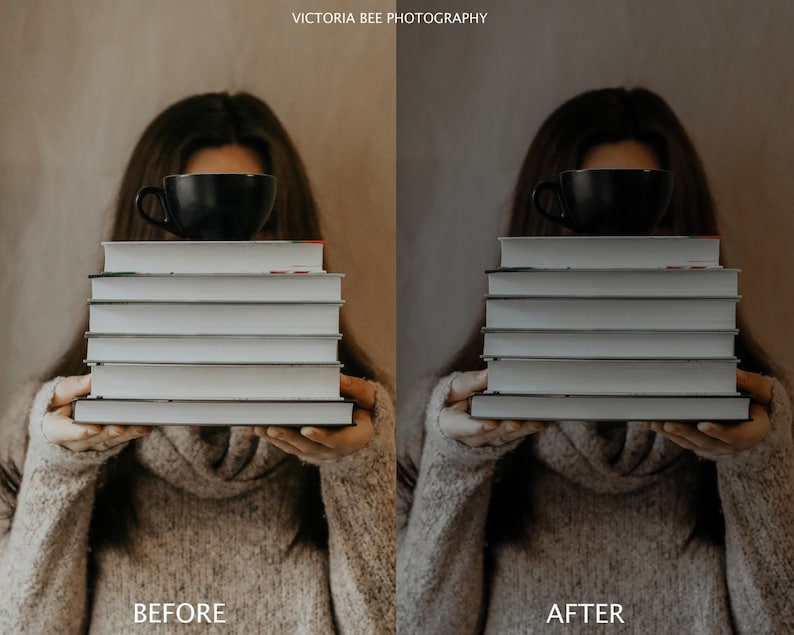 May include: A person holding a stack of books in front of their face, with a black coffee mug on top. The image is split into two sections, showing the image before and after editing.