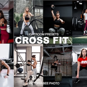 May include: A set of Lightroom presets for photographers, called "CrossFit", designed to enhance images of people working out in a gym. The presets are designed to create a moody and dramatic look. The image shows several different people working out in a gym, including a woman lifting weights, a woman doing push-ups, a woman doing a box jump, and a woman doing a kettlebell swing.