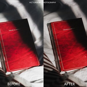 May include: A red hardcover book with the title "Edgar Allan Poe" on the spine. The book is lying on a white surface with a striped pattern.