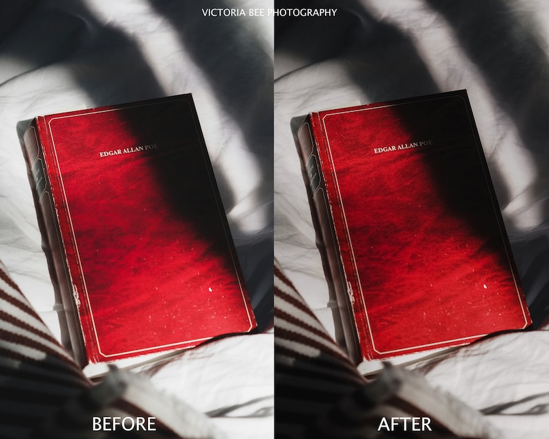 May include: A red hardcover book with the title "Edgar Allan Poe" on the spine. The book is lying on a white surface with a striped pattern.