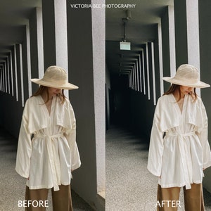 May include: A woman wearing a white shirt with a wide belt, brown pants, and a straw hat stands in a hallway with white walls and a concrete floor. The text "BEFORE" is at the bottom left of the image and the text "AFTER" is at the bottom right of the image.
