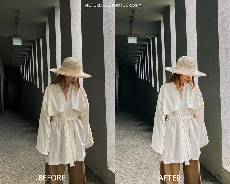May include: A woman wearing a white shirt with a wide belt, brown pants, and a straw hat stands in a hallway with white walls and a concrete floor. The text "BEFORE" is at the bottom left of the image and the text "AFTER" is at the bottom right of the image.