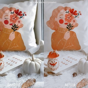 May include: A white throw pillow with a colorful illustration of a person holding a bouquet of flowers. The pillow is on a white fuzzy surface with a book and a mug with a deer design. The book has the text "Good Vibes, Good Mood".