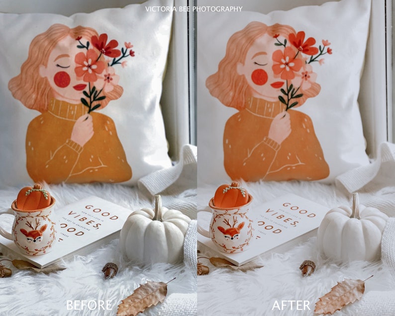 May include: A white throw pillow with a colorful illustration of a person holding a bouquet of flowers. The pillow is on a white fuzzy surface with a book and a mug with a deer design. The book has the text "Good Vibes, Good Mood".