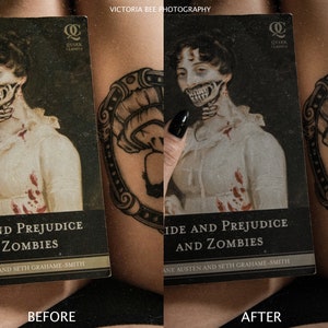 May include: A book cover with a black and white illustration of a woman with a zombie-like appearance. The book title is "Pride and Prejudice and Zombies" by Jane Austen and Seth Grahame-Smith.