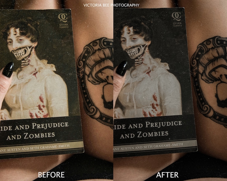 May include: A book cover with a black and white illustration of a woman with a zombie-like appearance. The book title is "Pride and Prejudice and Zombies" by Jane Austen and Seth Grahame-Smith.