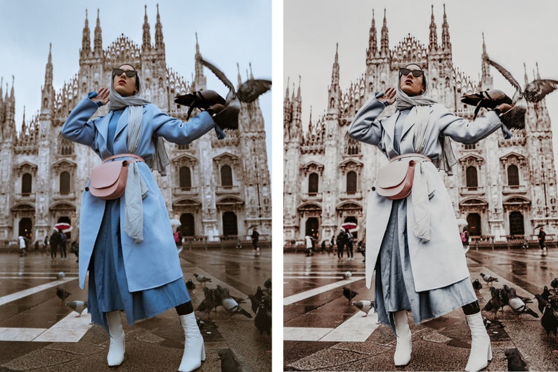 May include: A woman wearing a light blue coat, a light blue headscarf, and white boots stands in front of a large cathedral. She is holding a pink fanny pack and a bird is perched on her hand.