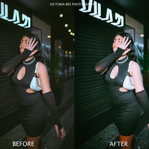 May include: A person wearing a black dress with a cut-out detail, black gloves, and a white handbag poses in front of a black metal door with a neon sign that reads "VILLA".