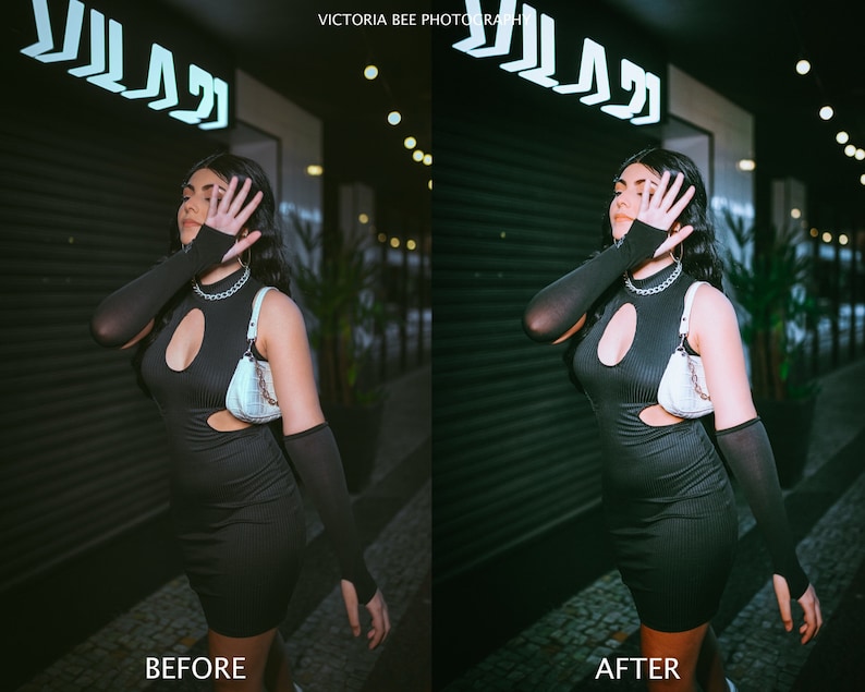 May include: A person wearing a black dress with a cut-out detail, black gloves, and a white handbag poses in front of a black metal door with a neon sign that reads "VILLA".