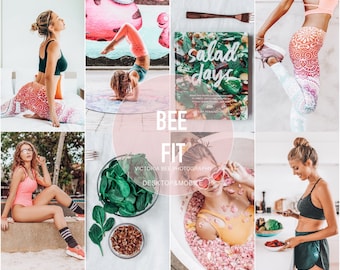 May include: A collage of images featuring a woman in various poses, including yoga, relaxing, and enjoying a healthy lifestyle. The images are set against a backdrop of vibrant colors and greenery, with text that reads "BEE FIT" and "VICTORIA BEE PHOTOGRAPHY DESKTOP & MOBILE".