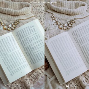 May include: A before and after image showing the difference in lighting and color correction. The image on the left is a close-up of a book with a gold necklace on top of a cream-colored sweater. The image on the right shows the same book and necklace with the lighting and color corrected. The text "BEFORE" is below the left image and "AFTER" is below the right image.