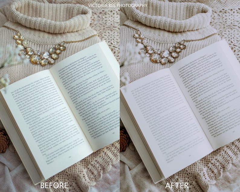 May include: A before and after image showing the difference in lighting and color correction. The image on the left is a close-up of a book with a gold necklace on top of a cream-colored sweater. The image on the right shows the same book and necklace with the lighting and color corrected. The text "BEFORE" is below the left image and "AFTER" is below the right image.