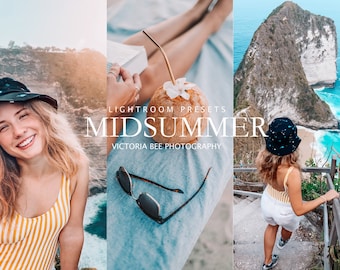 May include: A collage of three images showcasing a woman in a yellow and white striped swimsuit, a woman in a white dress and a black hat, and a coconut with a straw and a flower on top. The text "Lightroom presets Midsummer Victoria Bee Photography" is displayed in the center of the image.