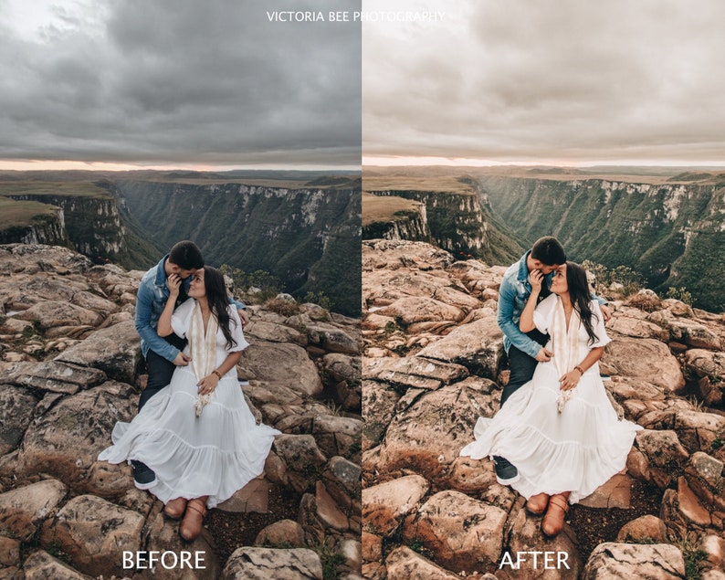 Puede incluir: Una pareja con ropa blanca se sienta en un acantilado rocoso con vistas a un valle verde. El cielo est&aacute; nublado y la pareja se mira.