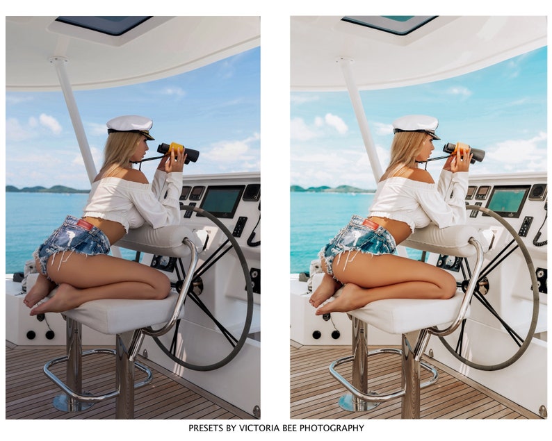 May include: A woman wearing a white shirt and denim shorts sits on a white stool on a boat. She is holding binoculars and looking out at the ocean.