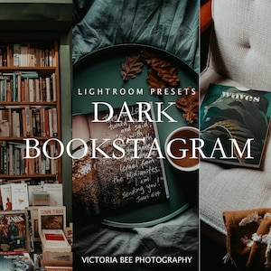 May include: A set of Lightroom presets for creating dark and moody photos, especially for bookstagram. The image shows a bookshelf full of books, a cup of coffee, and a book with the text "Waves" on the cover.