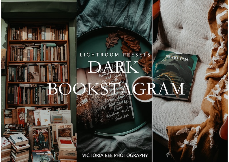 May include: A set of Lightroom presets for creating dark and moody photos, especially for bookstagram. The image shows a bookshelf full of books, a cup of coffee, and a book with the text "Waves" on the cover.