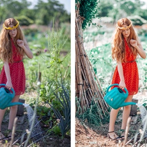 May include: A woman in a red polka dot dress and a yellow flower crown waters plants in a garden with a blue watering can.