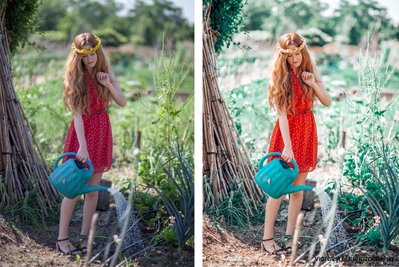 May include: A woman in a red polka dot dress and a yellow flower crown waters plants in a garden with a blue watering can.