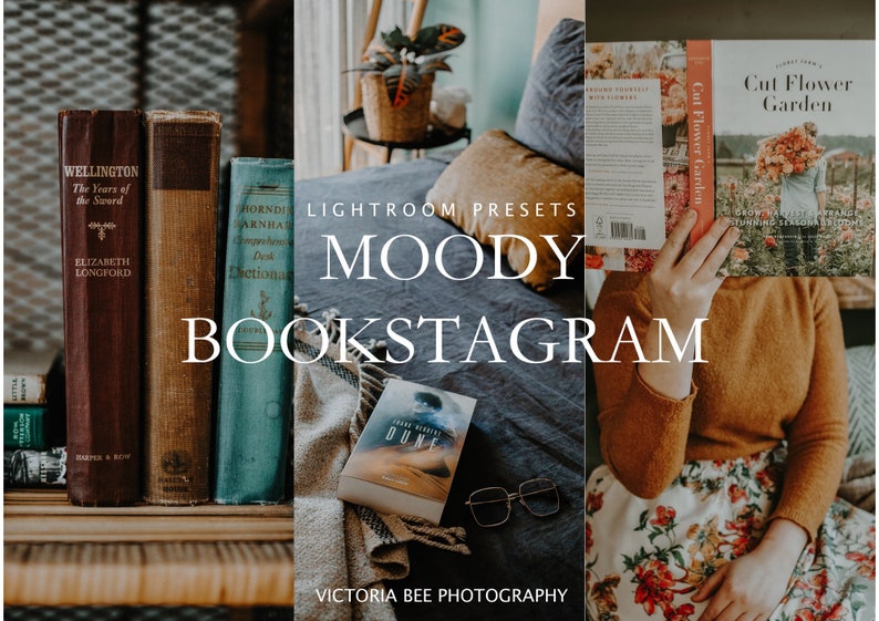 May include: A collection of Lightroom presets for creating moody bookstagram photos. The presets are designed to create a warm, inviting atmosphere with soft lighting and rich colors. The image shows a variety of books, including "Wellington: The Years of the Sword" by Elizabeth Longford, "Dune" by Frank Herbert, and "Cut Flower Garden" by Sunny Farm.