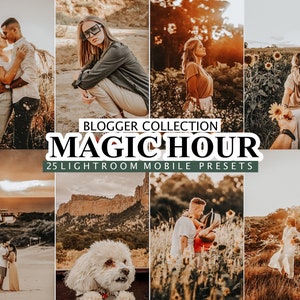 May include: A collection of 25 Lightroom Mobile presets called "Magic Hour" for bloggers. The presets are designed to create warm, golden tones in photos, similar to the light during the golden hour.