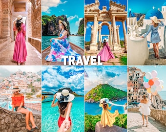 May include: A collage of travel photos featuring women in various locations. The photos include a woman in a pink dress standing in a stone archway, a woman in a floral dress sitting in a boat, a woman in a pink dress standing in front of an ancient Greek temple, a woman in a blue dress standing in front of a white building with blue domes, a woman in a red shirt sitting on a stone wall overlooking a town, a woman in a red swimsuit holding hands with a man in the ocean, a woman in a yellow dress standing on a rock overlooking a bay, and a woman in a white dress walking down a stone path.
