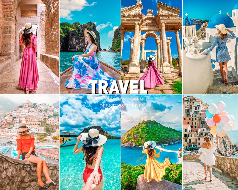 May include: A collage of travel photos featuring women in various locations. The photos include a woman in a pink dress standing in a stone archway, a woman in a floral dress sitting in a boat, a woman in a pink dress standing in front of an ancient Greek temple, a woman in a blue dress standing in front of a white building with blue domes, a woman in a red shirt sitting on a stone wall overlooking a town, a woman in a red swimsuit holding hands with a man in the ocean, a woman in a yellow dress standing on a rock overlooking a bay, and a woman in a white dress walking down a stone path.