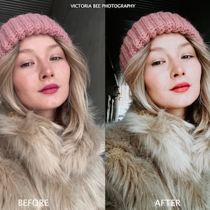 May include: A woman wearing a pink knitted hat and a brown faux fur coat. The image is split into two sections, labeled "Before" and "After", showing the difference in the image editing.
