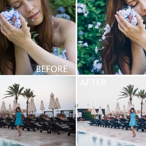 May include: Before and after photo showing the difference in image editing. The before photo shows a woman with flowers in her hair, and the after photo shows the same woman with the flowers edited out.