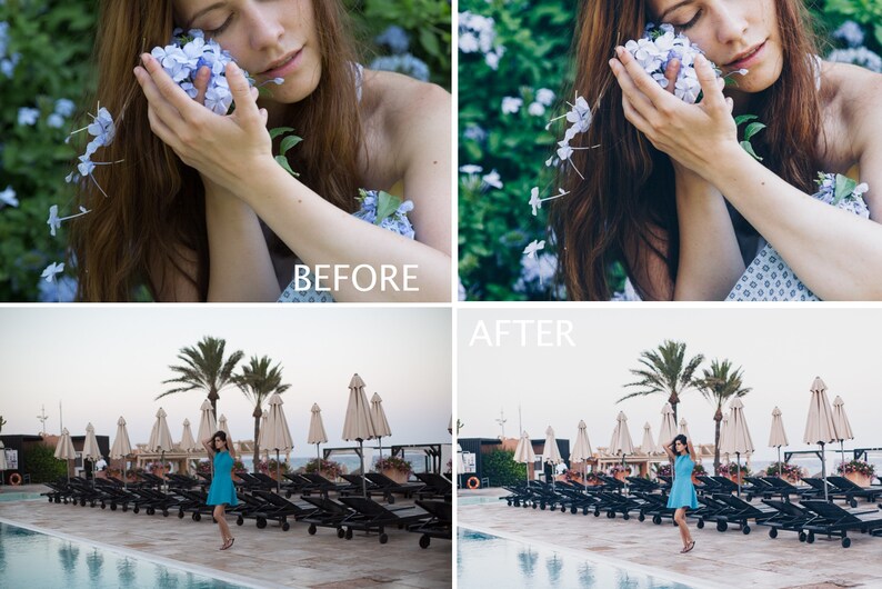 May include: Before and after photo showing the difference in image editing. The before photo shows a woman with flowers in her hair, and the after photo shows the same woman with the flowers edited out.