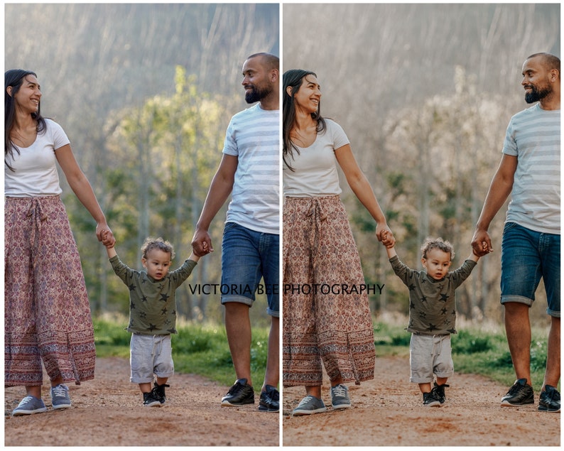 May include: A family of three walks along a path in a wooded area. The parents are holding hands with their young child. The parents are wearing casual clothing, while the child is wearing a green shirt and gray shorts. The background is a blurred image of trees and foliage.