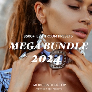 May include: A woman wearing a blue and white patterned shirt with a silver necklace and a large silver ring on her finger. The text "3500+ LIGHTROOM PRESETS MEGA BUNDLE 2024 MOBILE & DESKTOP VICTORIA BEE PRESETS" is displayed on the image.