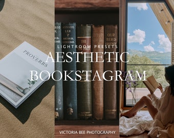 May include: A collection of Lightroom presets for creating aesthetic bookstagram photos. The presets are designed to enhance the colors and tones of your photos, making them look more professional and polished. The image shows a bookshelf with a variety of books, a person reading a book by a window, and a book lying on a table. The text on the image reads "Lightroom Presets Aesthetic Bookstagram Victoria Bee Photography."