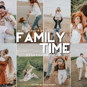 以下が含まれることがあります： 家族が一緒に時間を過ごす様子を写した写真のコラージュ。写真には、屋外、公園、野原など、さまざまな場所で過ごす家族の姿が写っています。写真はすべて暖色系で自然な色合いです。コラージュの下部には、「10 Lightroom presets Family Time Desktop & Mobile Victoria Bee Photography」というテキストが書かれています。