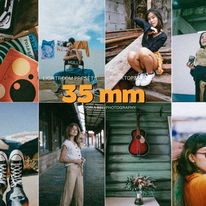 以下が含まれることがあります： 写真家向けの35mm Lightroomプリセットのセット。プリセットは、写真にヴィンテージなフィルムのような外観を与えるように設計されています。画像には、プリセットで編集されたさまざまな写真が表示されており、人、風景、オブジェクトの写真が含まれています。