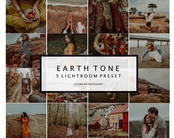 Puede incluir: Un collage de imágenes que muestran un conjunto de 5 ajustes preestablecidos de Lightroom llamados "Earthtone". Los ajustes preestablecidos están diseñados para crear tonos cálidos y terrosos en las fotos. Las imágenes presentan una variedad de temas, que incluyen personas, paisajes y bodegones.