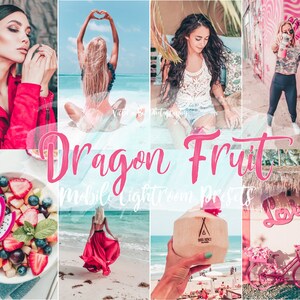 May include: A collage of images featuring a variety of colorful and vibrant scenes. The images include a woman in a red dress, a woman in a white dress, a woman in a swimsuit, a bowl of fruit, a pink bicycle, and a coconut. The text "Dragon Fruit Mobile Lightroom Presets" is featured in the center of the collage.