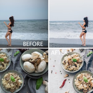 May include: A before and after image showing the difference in photo editing. The before image shows a woman in a black swimsuit standing on a beach with the ocean in the background. The after image shows the same woman with the photo edited to have a brighter, more vibrant look. The bottom half of the image shows two bowls of risotto with mushrooms and basil, and a bowl of mushrooms. The before image shows the food in a darker, more muted light, while the after image shows the food in a brighter, more vibrant light.