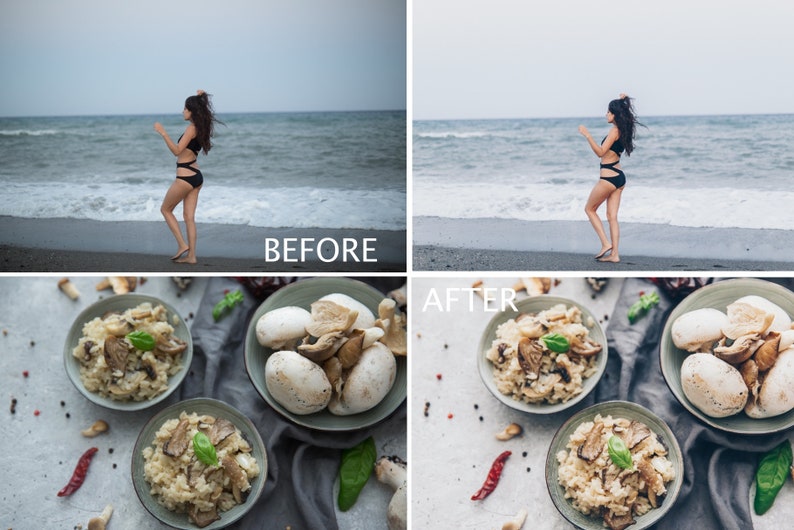 May include: A before and after image showing the difference in photo editing. The before image shows a woman in a black swimsuit standing on a beach with the ocean in the background. The after image shows the same woman with the photo edited to have a brighter, more vibrant look. The bottom half of the image shows two bowls of risotto with mushrooms and basil, and a bowl of mushrooms. The before image shows the food in a darker, more muted light, while the after image shows the food in a brighter, more vibrant light.