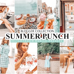 May include: A collection of 10 Lightroom Mobile presets called "Summer Punch" for bloggers. The presets are designed to enhance photos with a warm, summery feel. The image shows various photos of people and places, including a woman in a white dress, a woman in a blue dress, a woman in a floral dress, a woman in a bikini, and a woman in a blue coat. The image also shows a variety of summery scenes, including a beach, a pool, a city street, and a tropical garden.