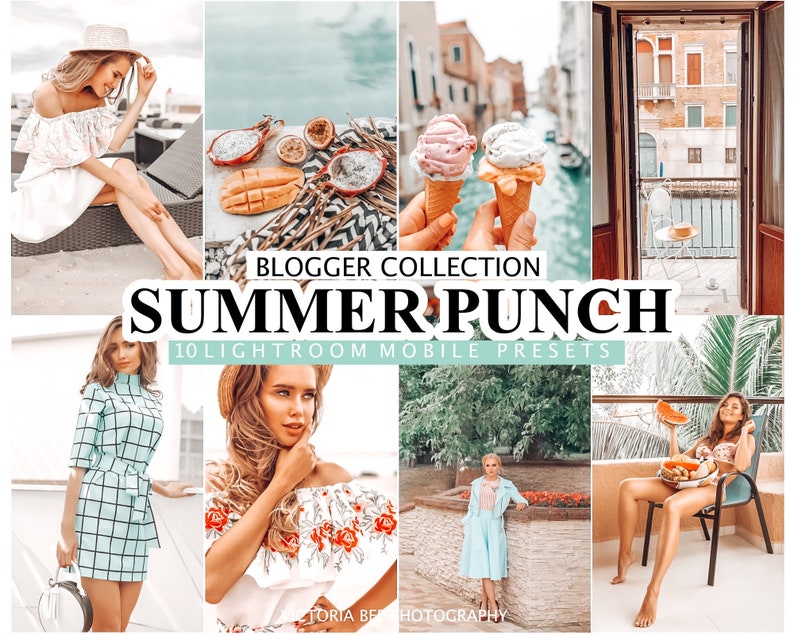 May include: A collection of 10 Lightroom Mobile presets called "Summer Punch" for bloggers. The presets are designed to enhance photos with a warm, summery feel. The image shows various photos of people and places, including a woman in a white dress, a woman in a blue dress, a woman in a floral dress, a woman in a bikini, and a woman in a blue coat. The image also shows a variety of summery scenes, including a beach, a pool, a city street, and a tropical garden.