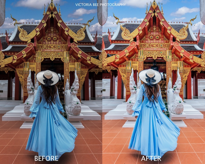 May include: A woman in a light blue dress and a white hat stands in front of a traditional Thai temple with intricate carvings and a red roof. The temple is decorated with gold accents. The woman is facing away from the camera and her dress is flowing in the wind.