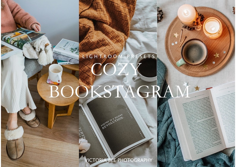 May include: Cozy bookstagram Lightroom presets for editing photos of books, coffee, and candles. The text "Poetry is a silent revolution" is visible on a book.