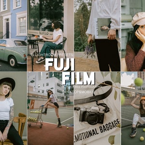 May include: A collage of images showcasing 15 Lightroom presets for a Fuji film aesthetic. The presets are designed for desktop and mobile use. The images include a vintage car, a woman in a brown sweater, a woman in a white shirt, a woman in a black shirt, and a woman in a white shirt playing tennis.